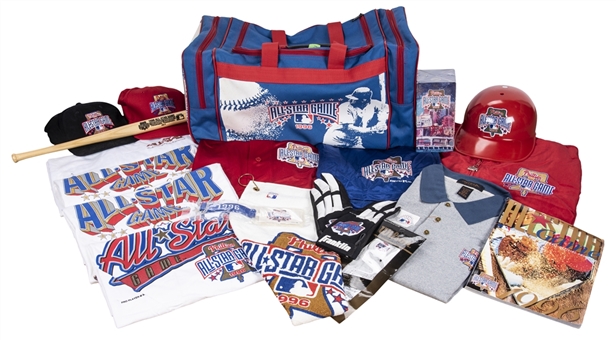 1996 Philadelphia All-Star Swag Bag Gifted to Cal Ripken Jr. Including Shirts, 96 All-Star Mini Bat, and 96 All-Star Batting Helmet (Ripken LOA)
